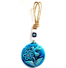 Bird And Flower Pattern Turquoise Color Ceramic Mini Size Wall Ornament
