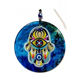 Blue Color Embossed Fatma Ana Blessing Hand Evil Eye Beads Fusion Glass Special Design Wall Ornament