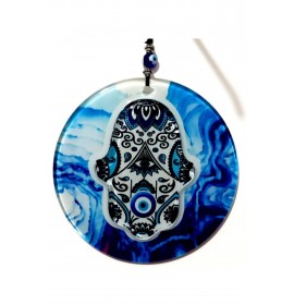 Blue Embossed Fatma Ana Blessing Hand Evil Eye Bead Fusion Wall Decoration