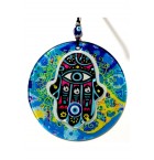 Blue Embossed Fatma Ana Blessing Hand Evil Eye Beads Fusion Glass Wall Ornament