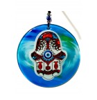 Blue Embossed Handmade Sea And Fish Motif Evil Eye Beaded Fatma Ana Blessing Hand Glass Wall Ornament