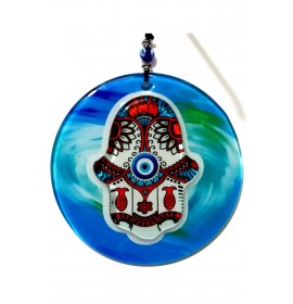 Blue Embossed Handmade Sea And Fish Motif Evil Eye Beaded Fatma Ana Blessing Hand Glass Wall Ornament