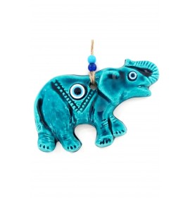 Ceramic Elephant Figured Evil Eye Beaded Turquoise Color Handmade Wall Ornament