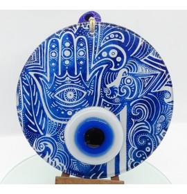 Blue Hamsa Hand fusion glass and evil eye wall decor