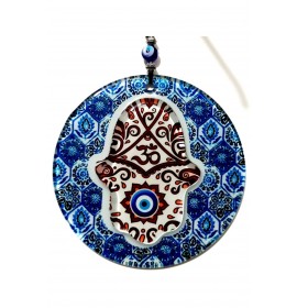Handmade Blue Embossed Fatma Ana Hand Fusion Glass Evil Eye Beads Wall Ornament