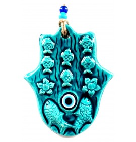 Turquoise Color Fish Figured Mother of Fatma Blessing Hand Evil Eye Beads Decorative Mini Ceramic Wall Ornament